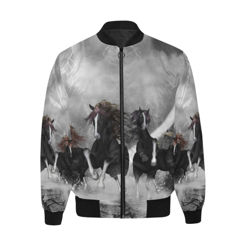 Awesome running black horses All Over Print Quilted Bomber Jacket for Men (Model H33)