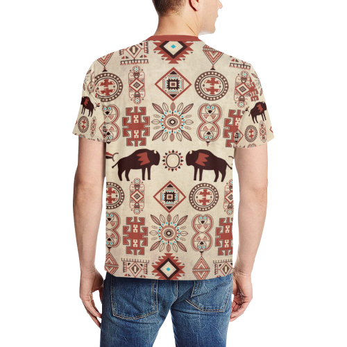 American Native Buffalo Men's All Over Print T-Shirt (Solid Color Neck) (Model T63)
