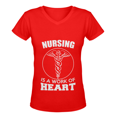 NURSING IS A WORK OF HEART RED Women's Deep V-neck T-shirt (Model T19)