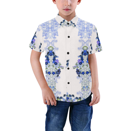 floral-white and blue Boys' All Over Print Short Sleeve Shirt (Model T59)