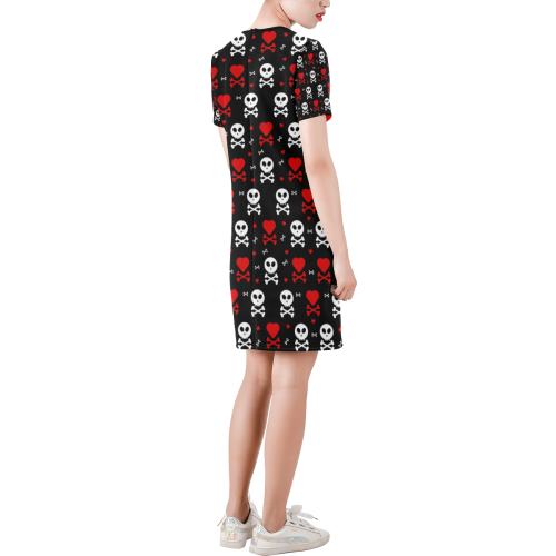 Skull and Crossbones Short-Sleeve Round Neck A-Line Dress (Model D47)