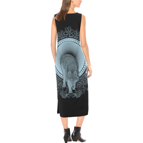 Wolf in black and blue Phaedra Sleeveless Open Fork Long Dress (Model D08)