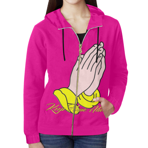 hOPE gIRL hANDS pink All Over Print Full Zip Hoodie for Women (Model H14)