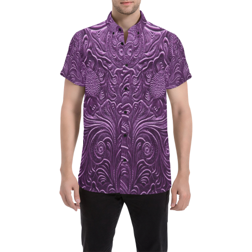 Embossed Purple Flowers Men's All Over Print Short Sleeve Shirt (Model T53)