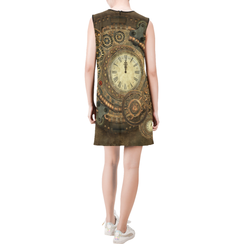 Steampunk, awesome clockwork Sleeveless Round Neck Shift Dress (Model D51)