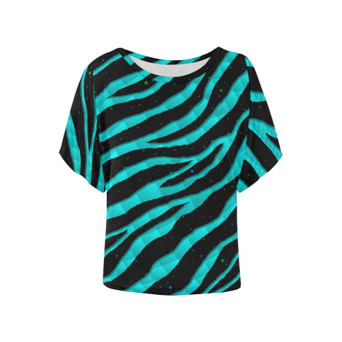 Ripped SpaceTime Stripes - Cyan Women's Batwing-Sleeved Blouse T shirt (Model T44)