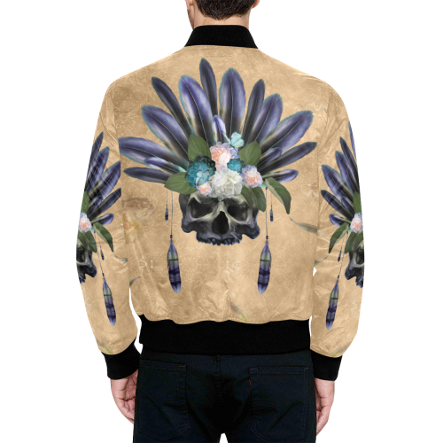 Cool skull with feathers and flowers All Over Print Quilted Bomber Jacket for Men (Model H33)