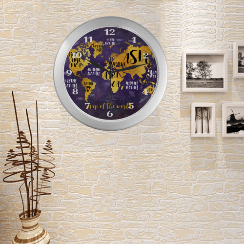world map watch 4 Silver Color Wall Clock