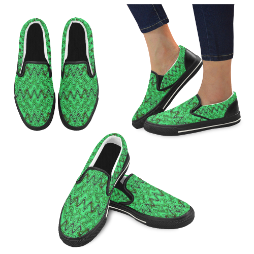 Green and Black Waves pattern design Women's Slip-on Canvas Shoes/Large Size (Model 019)