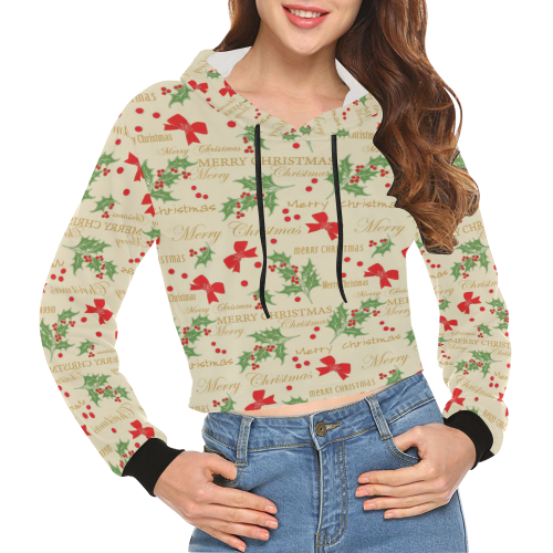 Bows Mistletoe Christmas All Over Print Crop Hoodie for Women (Model H22)