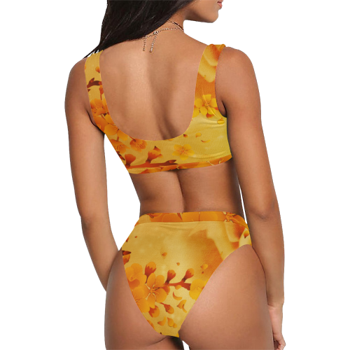 Floral design, soft colors Sport Top & High-Waisted Bikini Swimsuit (Model S07)