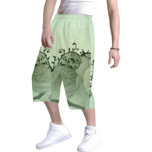 Wonderful flowers, soft green colors Men's All Over Print Baggy Shorts (Model L37)