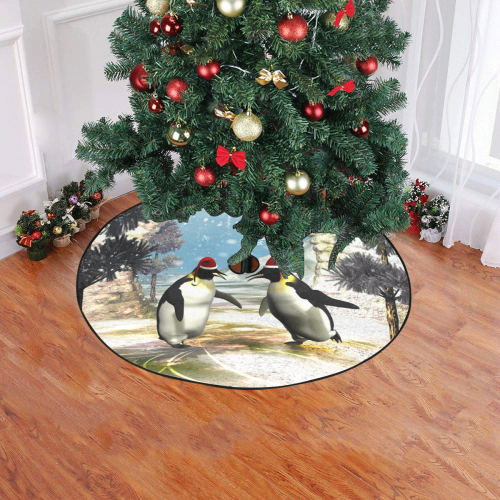 Funny penguins with christmas hat Christmas Tree Skirt 47" x 47"