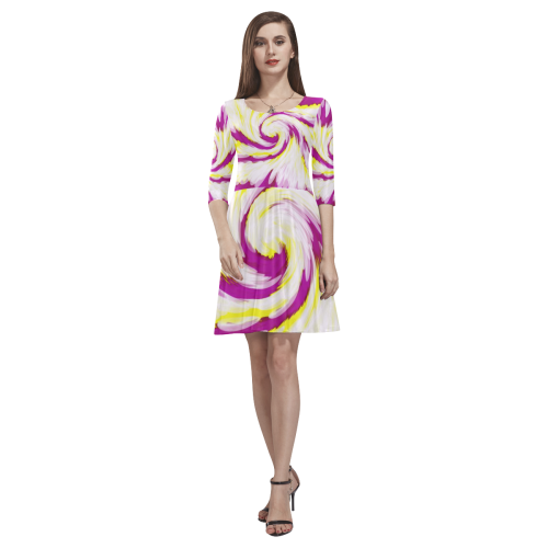 Pink Yellow Tie Dye Swirl Abstract Tethys Half-Sleeve Skater Dress(Model D20)