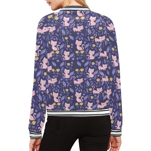 Pinky Cats on Leaves All Over Print Bomber Jacket for Women (Model H21)