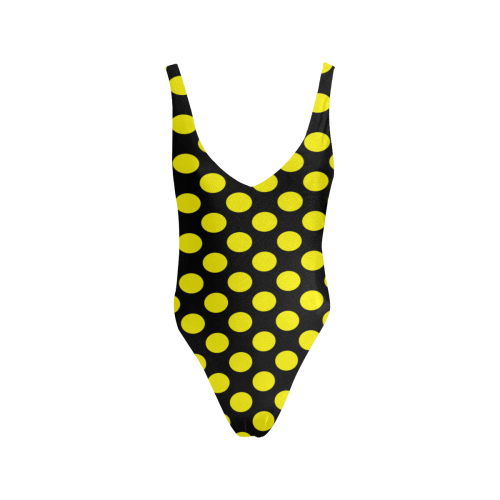 Yellow Polka Dots on Black Sexy Low Back One-Piece Swimsuit (Model S09)