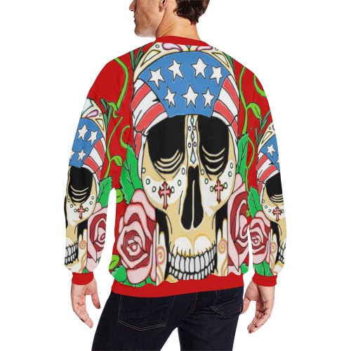 Biker Sugar Skull Red All Over Print Crewneck Sweatshirt for Men (Model H18)