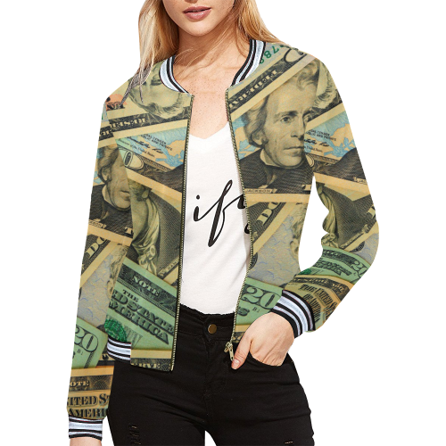 DOLLARS 5 All Over Print Bomber Jacket for Women (Model H21)
