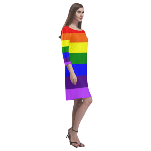 Rainbow Flag (Gay Pride - LGBTQIA+) Rhea Loose Round Neck Dress(Model D22)