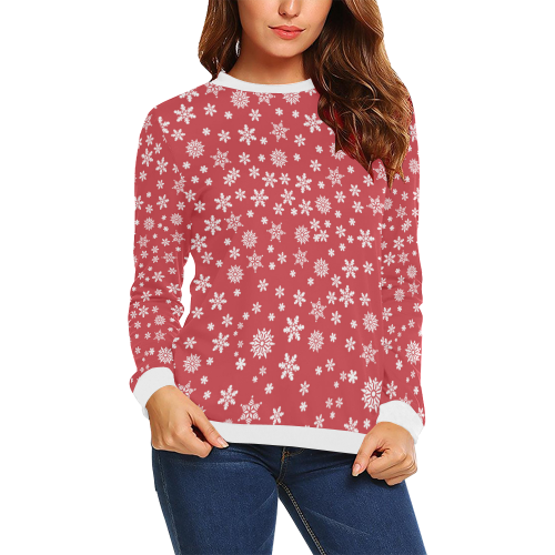 Christmas  White Snowflakes on Red All Over Print Crewneck Sweatshirt for Women (Model H18)