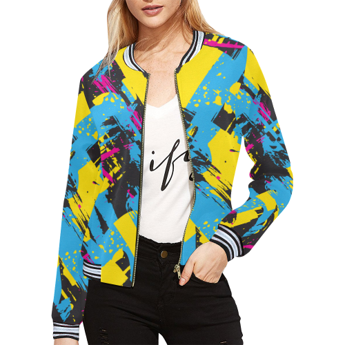 Colorful paint stokes on a black background All Over Print Bomber Jacket for Women (Model H21)