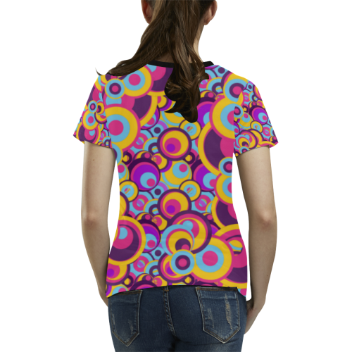 Retro Circles Groovy Violet, Yellow, Blue Colors All Over Print T-shirt for Women/Large Size (USA Size) (Model T40)