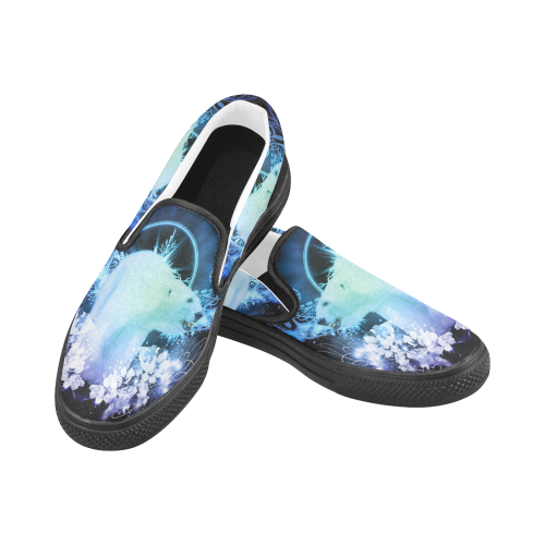 Amazing polar bear, blue flowers Women's Slip-on Canvas Shoes (Model 019)