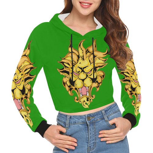 Gold Metallic Lion Green All Over Print Crop Hoodie for Women (Model H22)