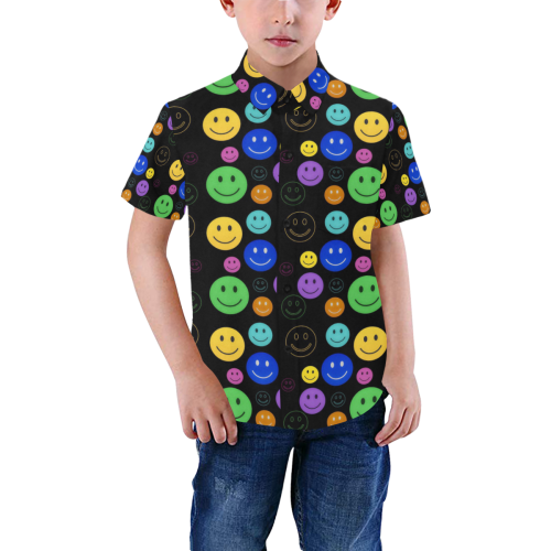 Smiley Face Button Down Boys' All Over Print Short Sleeve Shirt (Model T59)