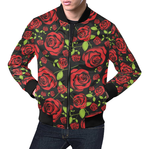 Red Roses on Black All Over Print Bomber Jacket for Men/Large Size (Model H19)