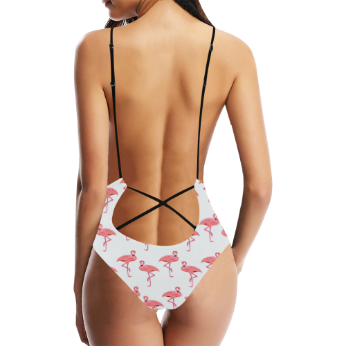 Classic Pink Flamingo Pattern Sexy Lacing Backless One-Piece Swimsuit (Model S10)