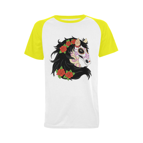 Sugar Skull Horse Red Roses Yellow Men's Raglan T-shirt (USA Size) (Model T11)