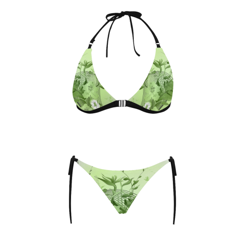Soft green flowers with birds Buckle Front Halter Bikini Swimsuit (Model S08)