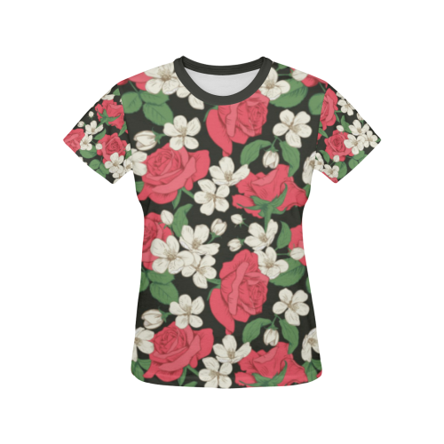 Pink, White and Black Floral All Over Print T-shirt for Women/Large Size (USA Size) (Model T40)