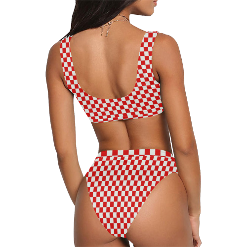 Bright Red Gingham Sport Top & High-Waisted Bikini Swimsuit (Model S07)