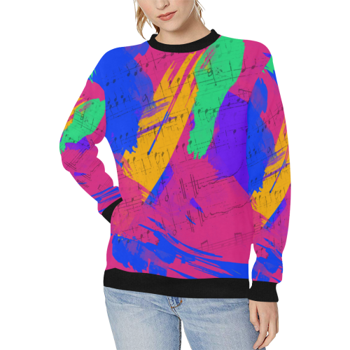 Groovy Paint Brush Strokes with Music Notes Women's Rib Cuff Crew Neck Sweatshirt (Model H34)