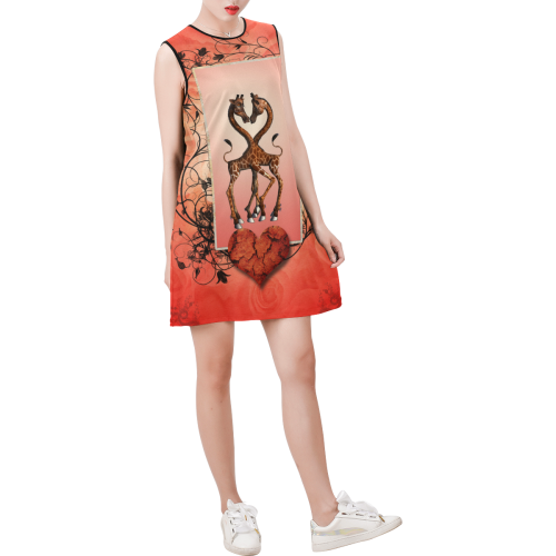 Giraffe in love Sleeveless Round Neck Shift Dress (Model D51)