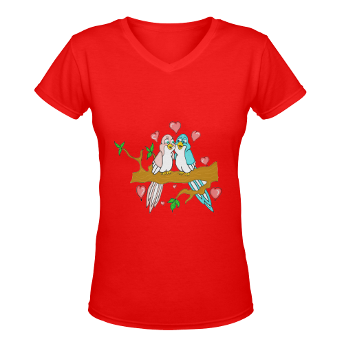 Love Birds Red Women's Deep V-neck T-shirt (Model T19)