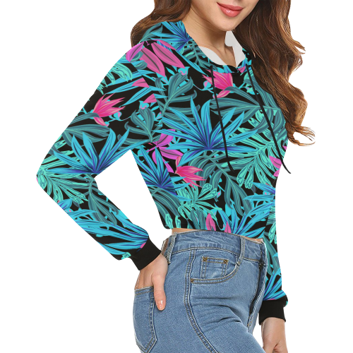 Tropical Aqua And Pink Leaves All Over Print Crop Hoodie for Women (Model H22)