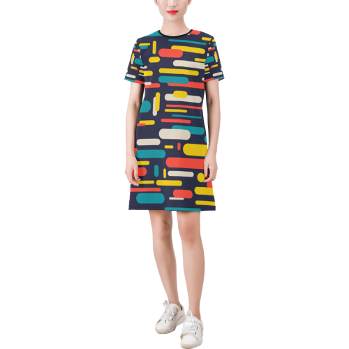 Colorful Rectangles Short-Sleeve Round Neck A-Line Dress (Model D47)
