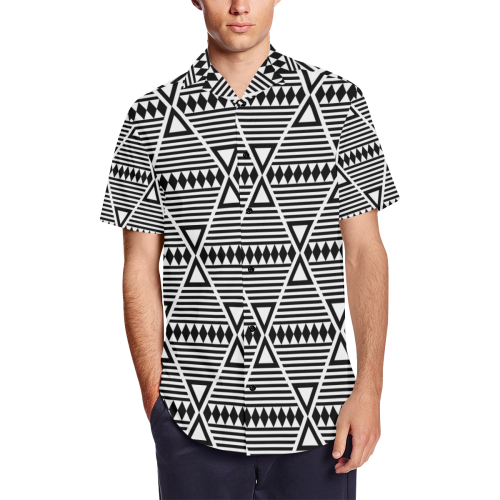 Black Aztec Tribal Men's Short Sleeve Shirt with Lapel Collar (Model T54)