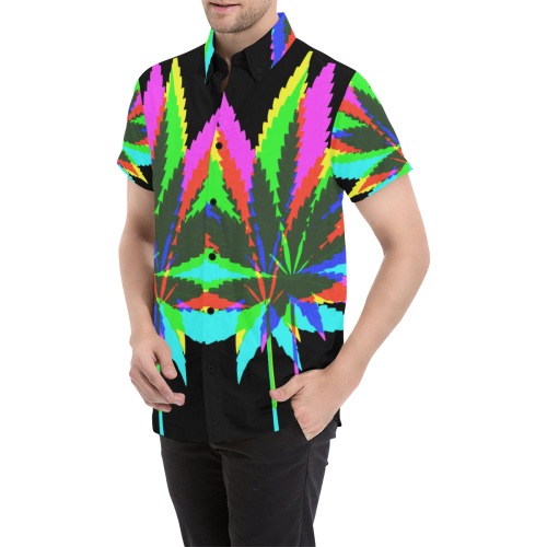 Wild Hemp Leaves - neon colored Men's All Over Print Short Sleeve Shirt (Model T53)