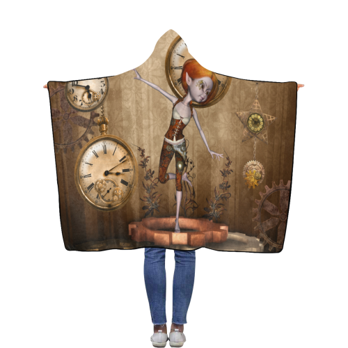 Steampunk girl, clocks and gears Flannel Hooded Blanket 50''x60''