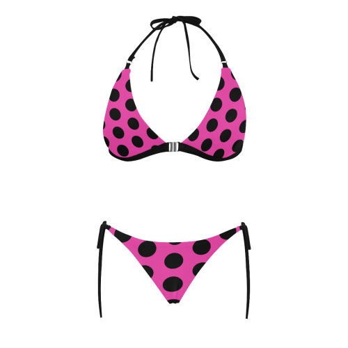 Black Polka Dots on Pink Buckle Front Halter Bikini Swimsuit (Model S08)