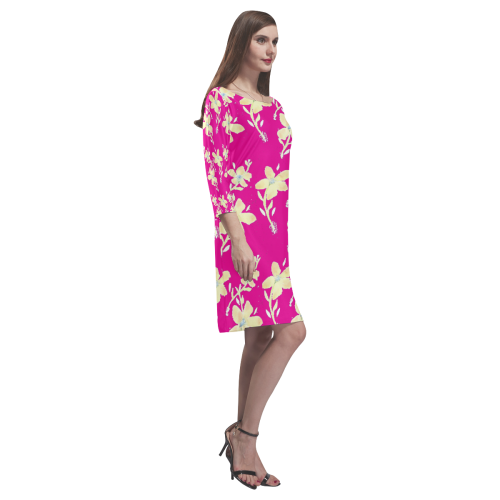 Pink Dress With Yellow Flower Design Rhea Loose Round Neck Dress(Model D22)