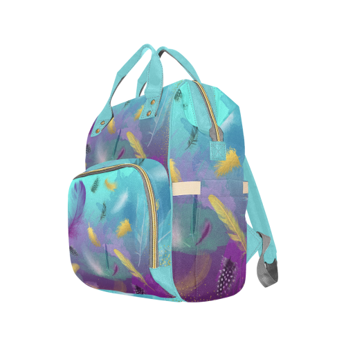 Dancing Feathers - Turquoise and Purple Multi-Function Diaper Backpack/Diaper Bag (Model 1688)