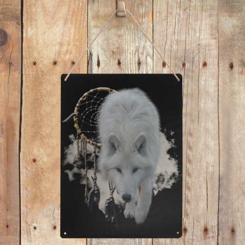 White Shaman Wolf with Dreamcatcher Metal Tin Sign 12"x16"