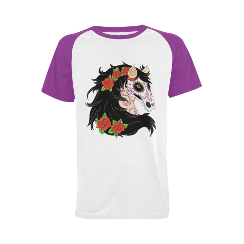 Sugar Skull Horse Red Roses Purple Men's Raglan T-shirt (USA Size) (Model T11)