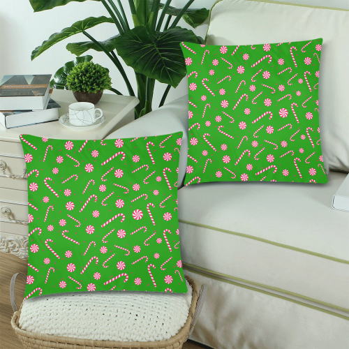 Candy CANE CHRISTMAS GREEN Custom Zippered Pillow Cases 18"x 18" (Twin Sides) (Set of 2)