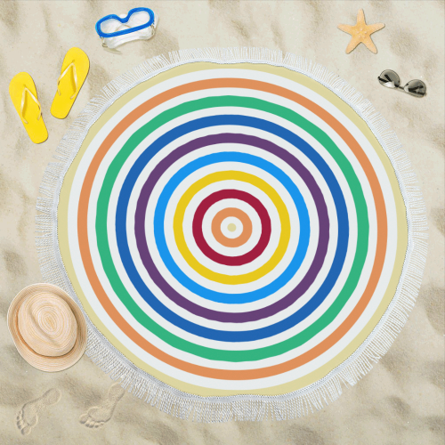 Rainbow Stripes Round White Circular Beach Shawl 59"x 59"